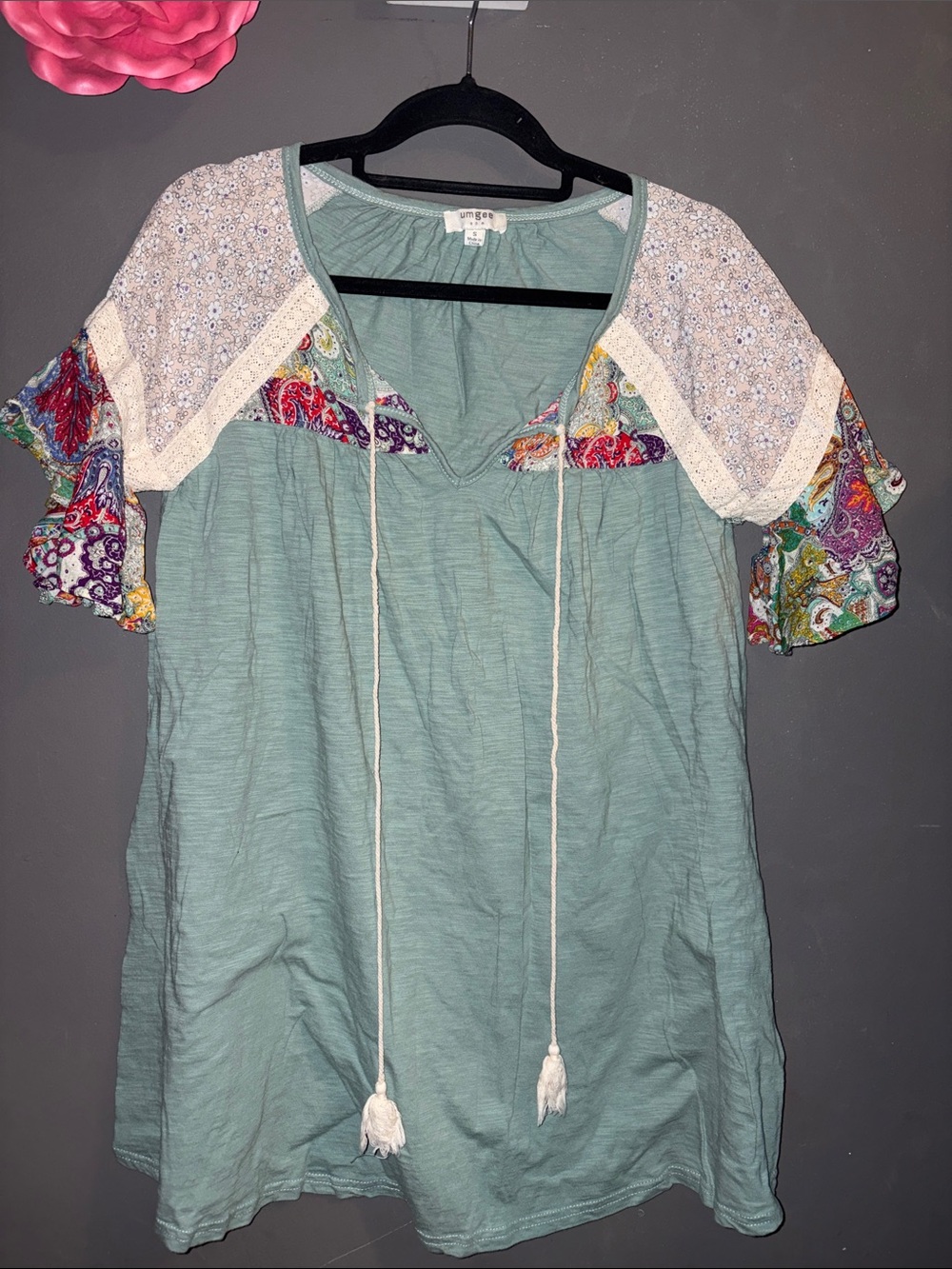 Umgee Seafoam Green Boho Tassel Tie Tunic with Multicolor Patch Sleeves